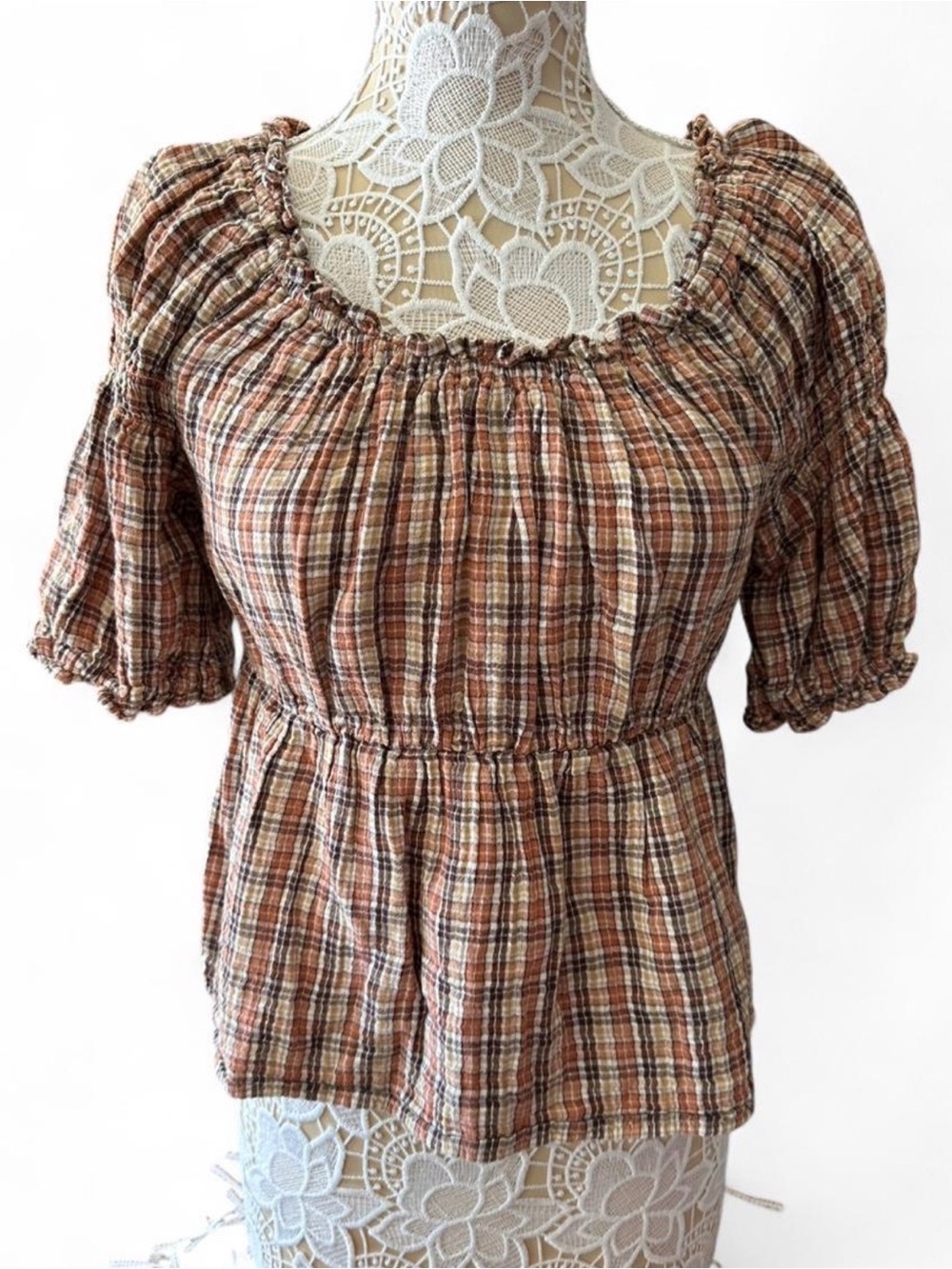 Old Navy Brown Plaid Smocked Peasant Top